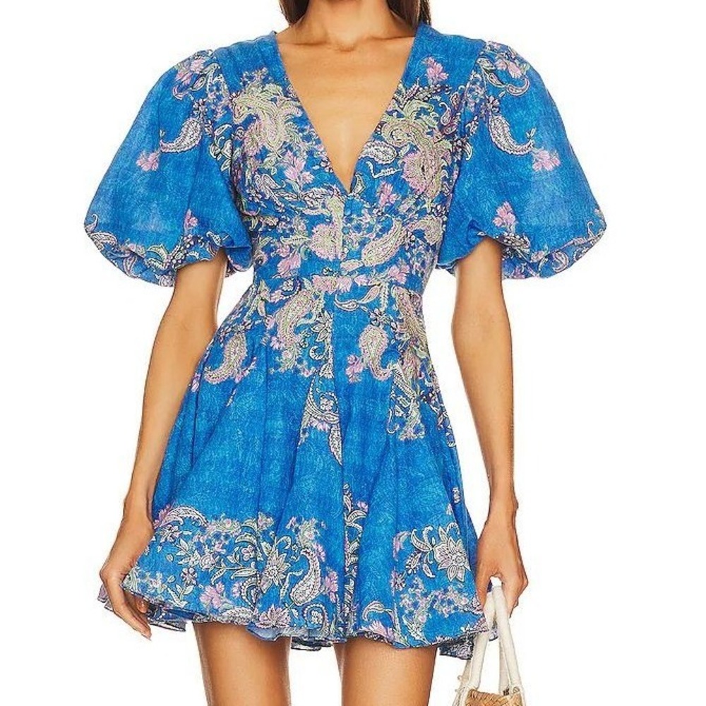 Hemant & Nandita Amyra Skater Short Dress Cobalt Blue Floral Embroidered Size XS